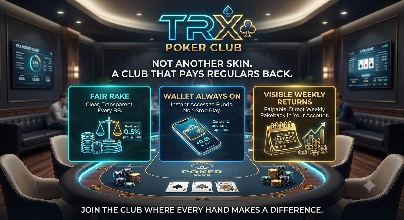 TRX Poker Club — not another skin, a club that pays regulars back. Fair rake 0.5% per big blind, wallet always on, visible weekly rakeback. Join the club where every hand makes a difference.